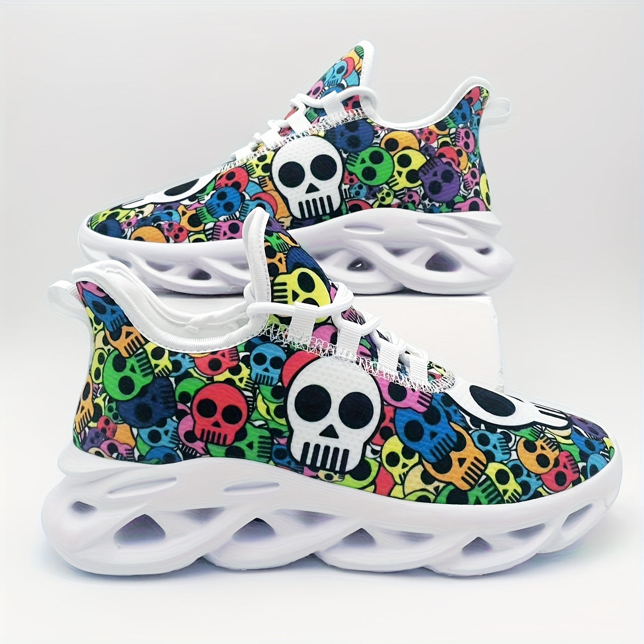 Stylish Skull Print Sneakers - Ultra-Breathable, Shock-Absorbing, Lightweight Running Shoes with EVA Insole for All-Season Comfort - Halloween-Inspired, Casual, Lace-up Athletic Footwear for Men
