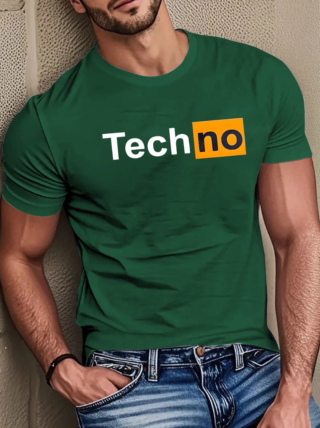 Men's Casual Summer T-Shirt - Soft Breathable Fabric with Bold "Techno" Letter Print & Orange Accent, Ribbed Collar, Regular Fit for Casual Attire, Summer T Shirts, Classic Round Neckline, Comfortable Tee Construction
