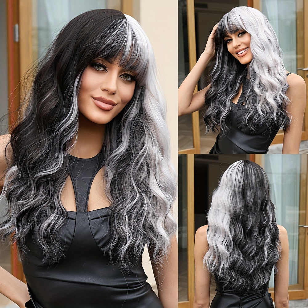 Elegant 22-Inch Two-Tone Black & White Wig for Women - Water Wave Synthetic Hair with Bangs, Perfect for Cosplay & Daily Fashion