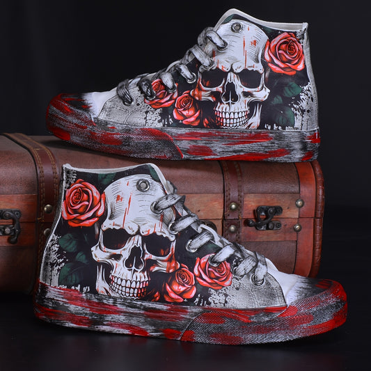 High-Top Canvas Sneakers with Skull & Rose Pattern - Vintage Graffiti Style, Durable Rubber Sole, Comfortable Fabric Lining for Casual & Outdoor Wear