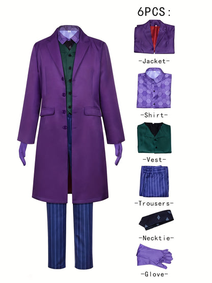 Halloween Men'S Fashion Purple Clown Six-Piece Set, Complete with Meticulously Crafted Scary Party Clown Outfit Including Long Coat, Shirt, Vest, Trousers, Tie, And Gloves.
