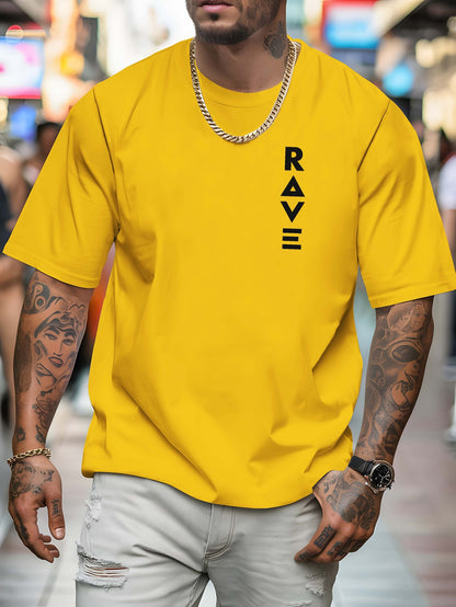 R V Men's Short Sleeve T-Shirt - Vibrant Yellow with Bold RAVE Graphic Print, Breathable Round Neck Casual Top for Summer Beach Resorts & Outdoor Activities