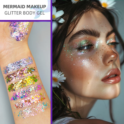 2pcs mermaid Gel Body Glitter- Vibrant Sequin Mermaid Makeup, Eye Shadow & Face Patch, Ideal for Beach & Party Looks, Very suitable for music festivals,Beach Makeup|Vibrant Glitter |Colorful Glitters