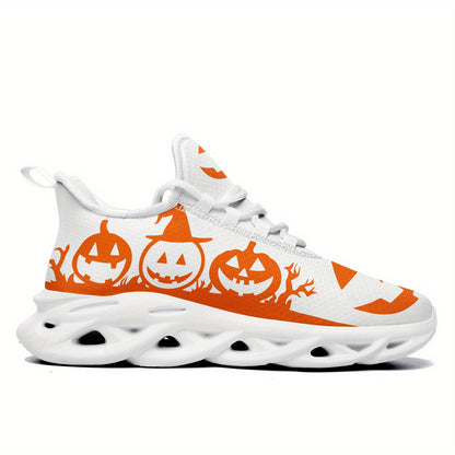 [Halloween Sneakers] Women's Halloween Sneakers - Orange Pumpkin Jack-o'-Lanterns, Lace-Up Trick Treat Shoes, Plus Size Available - All-Season Casual Shoes for Halloween Parties, Casual Attire & Costume Outfits - Lightweight