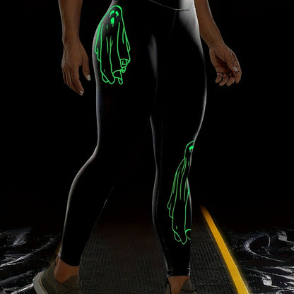 Women'S High-Waisted Stretchy Fitness Leggings with Glow-in-the-Dark Skull Print - Black, Elastic Waistband, Long Length for Running, Yoga & Halloween Party Wear, Yoga Pants, Halloween Leggings, Bold Graphic Pants, Highelasti