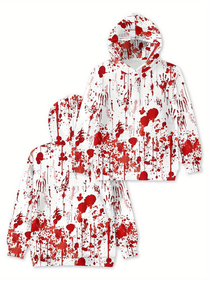 Women'S Halloween Hoodie - Full-Body Blood Splatter Print Pullover Sweatshirt, Red & White Horror Party Outfit, Machine Washable Hooded Sweatshirt for Costume Events & Everyday Gothic Fashion, Halloween Clothes, Casual Wear,