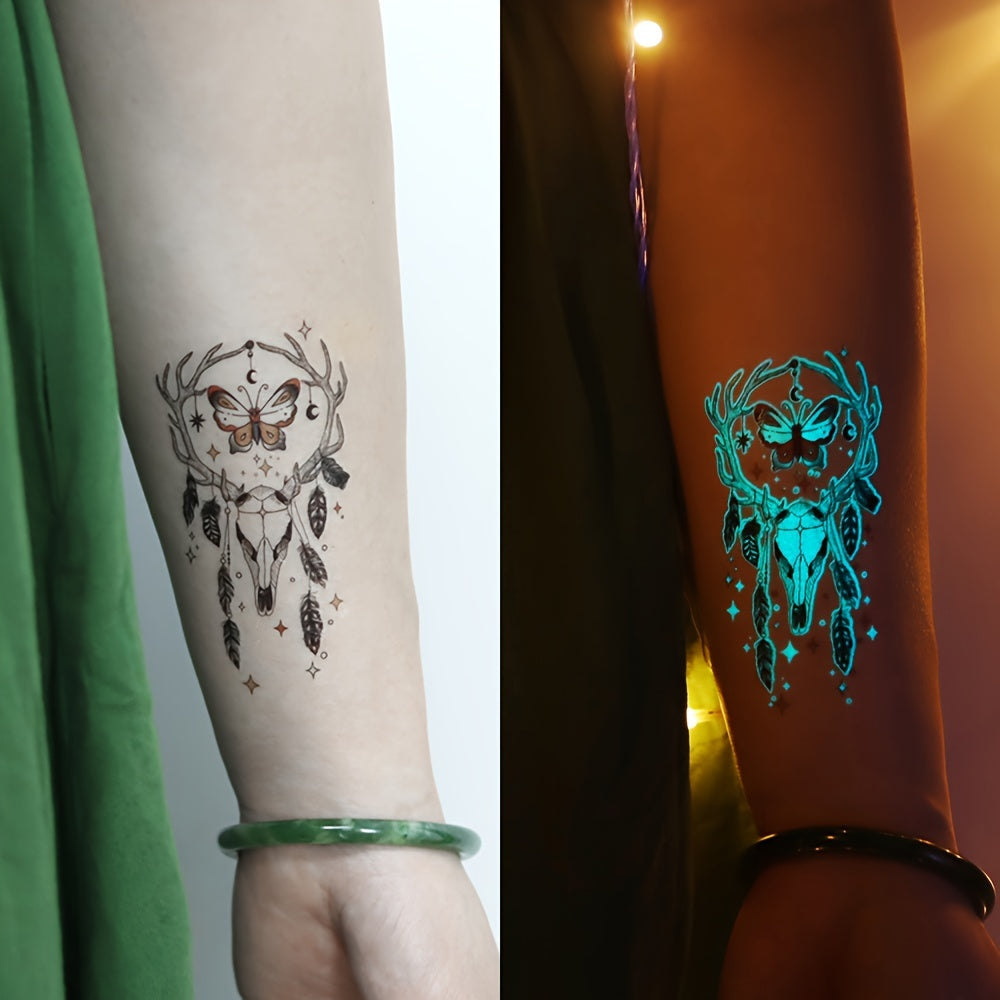 12 Sheets Luminous Glow in the Dark Temporary Tattoos - Waterproof Fake Tattoo Stickers with Butterfly & Floral Designs, Neon Blue Glow for Nightclub, Festival, Party Decoration, Festival Body Art | Mystical Design Elements |