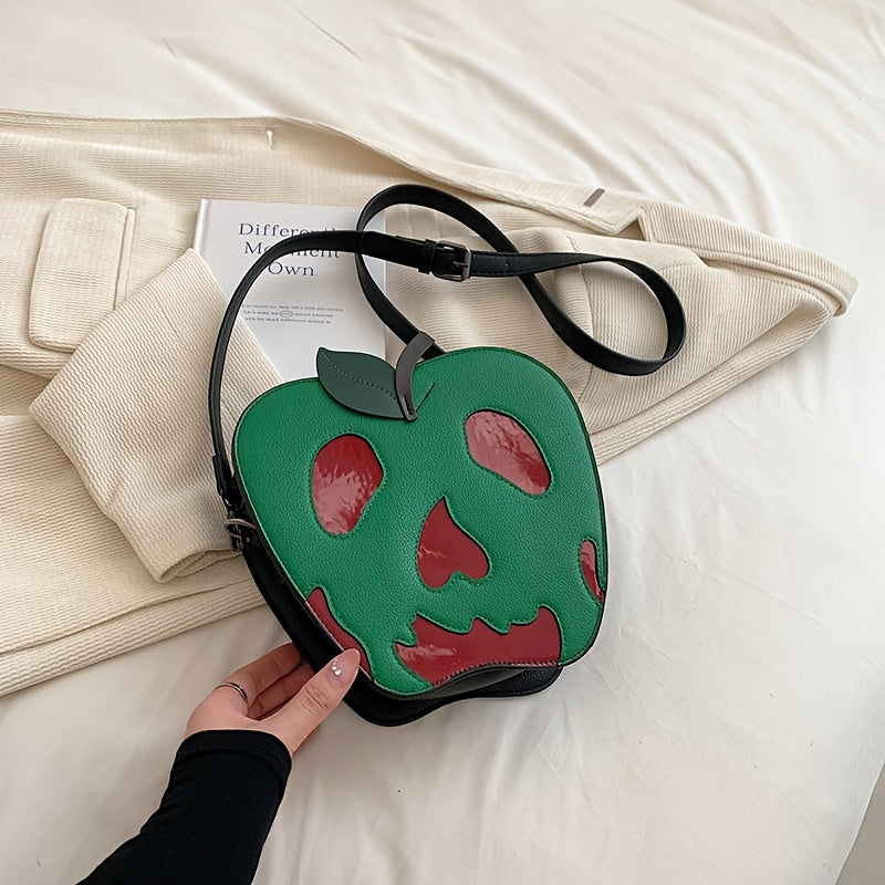 [Halloween] Women's Halloween Skeleton Apple Crossbody Bag - Adjustable Strap, Zipper Closure, Polyester Lining, Green & Red Contrast Design, Perfect For Halloween Accessories, Halloween Accessories Bag | Skeleton Apple Print