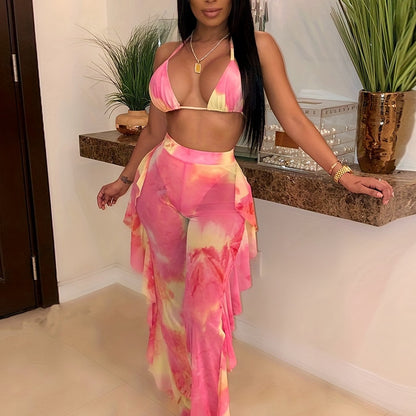 Sexy Tie Dye Matching Two-piece Set, Crop Halter Top & Fringe Hem Pants Outfits, Women's Clothing