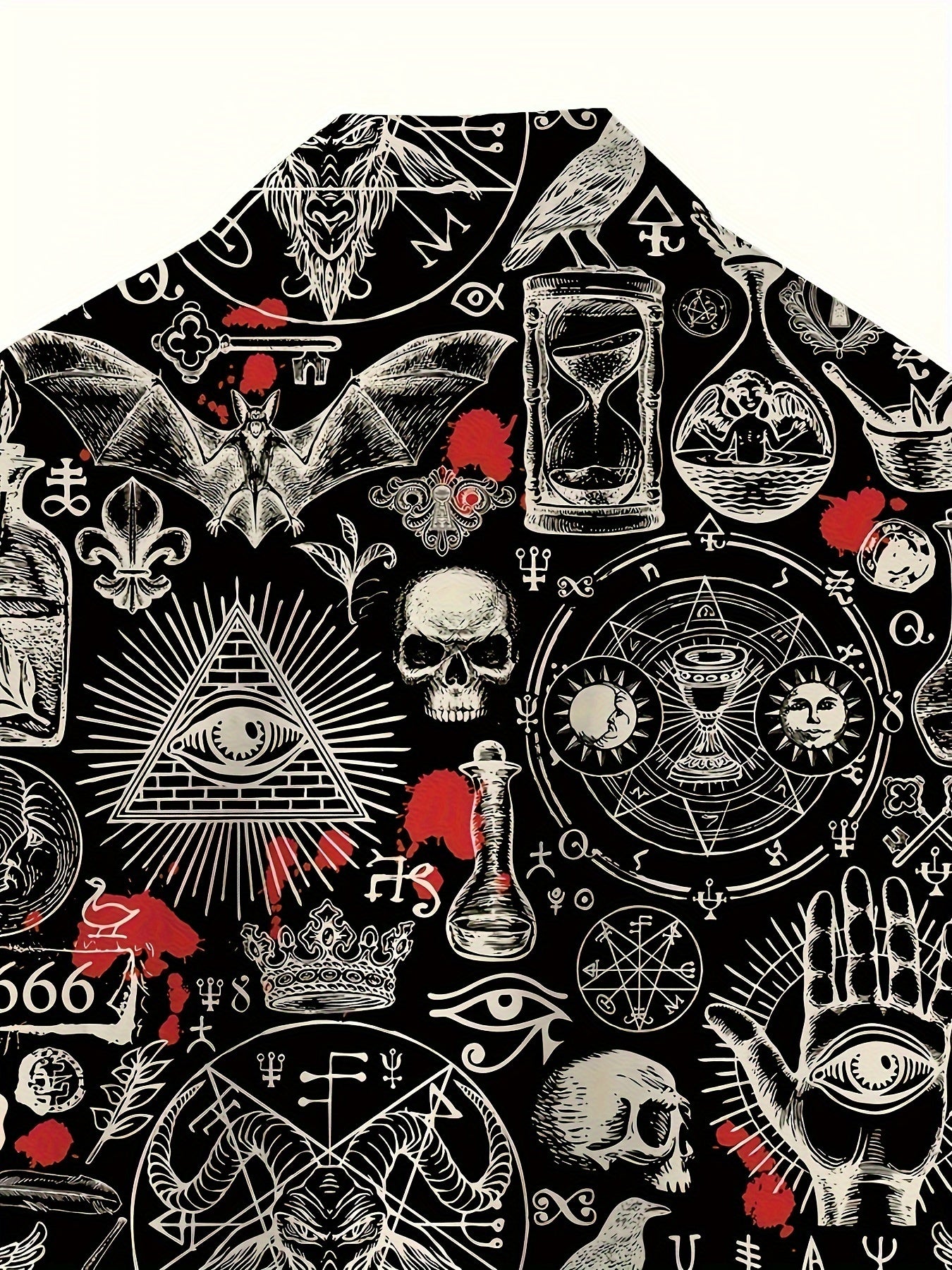 Men's Vintage Skull & Bat Print Short Sleeve Button-Up Shirt - Casual Polyester, Machine Washable - Perfect for Streetwear & Holidays, Novelty Fashion Top