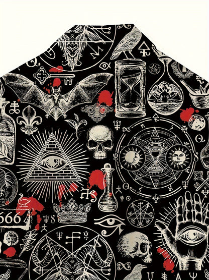 Men's Vintage Skull & Bat Print Short Sleeve Button-Up Shirt - Casual Polyester, Machine Washable - Perfect for Streetwear & Holidays, Novelty Fashion Top