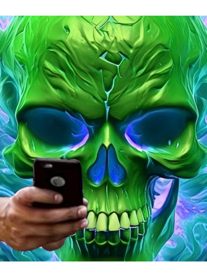 Men'S Plus Size 3D Skull & Flames Graphic T-Shirt - Bold Neon Green & Blue Casual Short Sleeve Tee with Digital Print, Round Neck Regular Fit Summer Top for Edgy Streetwear & Casual Attire, Skull T Shirt, Comfortable Fit, Str
