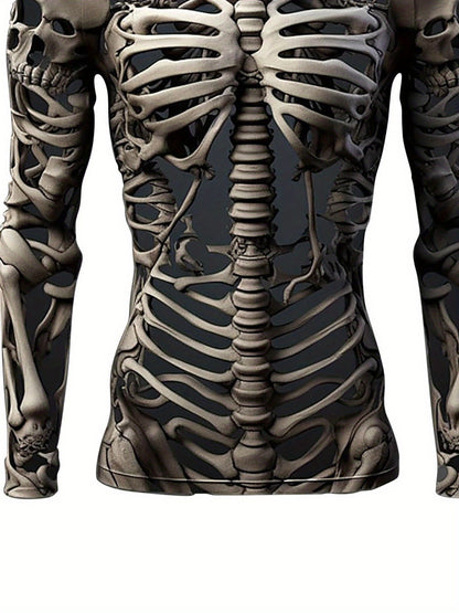 Men'S Skeleton Shirt Long Sleeve Fun Skull Ribs 3D Print T-Shirt Fashion Round Neck T-Shirt Holiday Party Costume 100% Polyester Machine Washable Men'S Essential Spring and Autumn Long Sleeve T-Shirt Suitable for Halloween Da