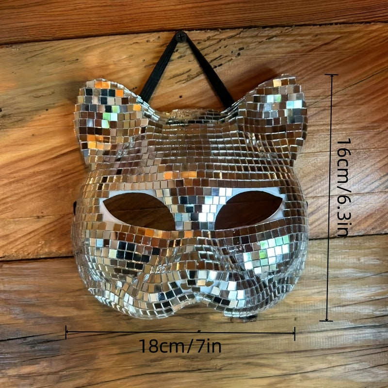 1 Cat Face Mask - Disco Reflective Mask - Elegant, Stylish Mosaic Mirror Mask - Shiny - Nightclub Costume Party Masquerade - Unisex Halloween Mask