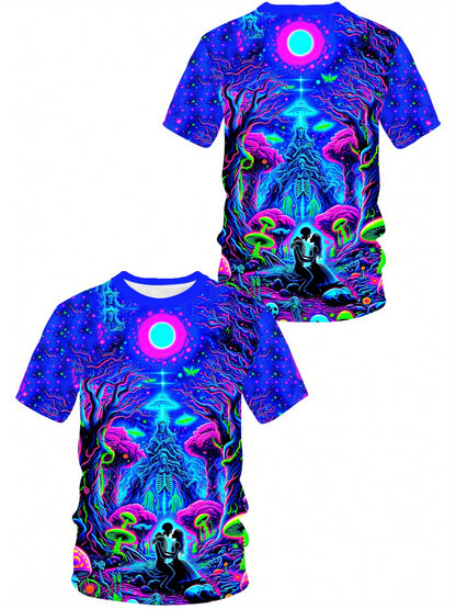 Men's 3D Printed Geometric Cosmic Scene Casual T-Shirt - Vibrant Neon Colors, Machine Washable Crew Neck Short Sleeve Top for Summer Outdoor Activities, Artistic Back Design