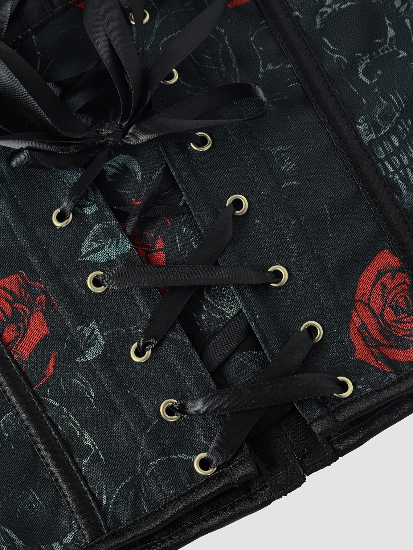 [Statement Fashion] Elegant Skull Print Lace-Up Corset Top for Women - Gothic Style, High Support, Tummy Control, Black with Red Roses & Skull Design, No-Pad Bustier, Hand Wash Only