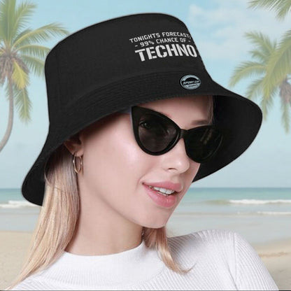 Men's Techno Music Bucket Hat - Tonight's Forecast Chance of Techno Print, Lightweight Breathable Sun Hat for raves, clubs, beach - Machine Washable Polyester Cap (Black/5 Colors Available) - Dad Hat Trucker Hat for Techno En