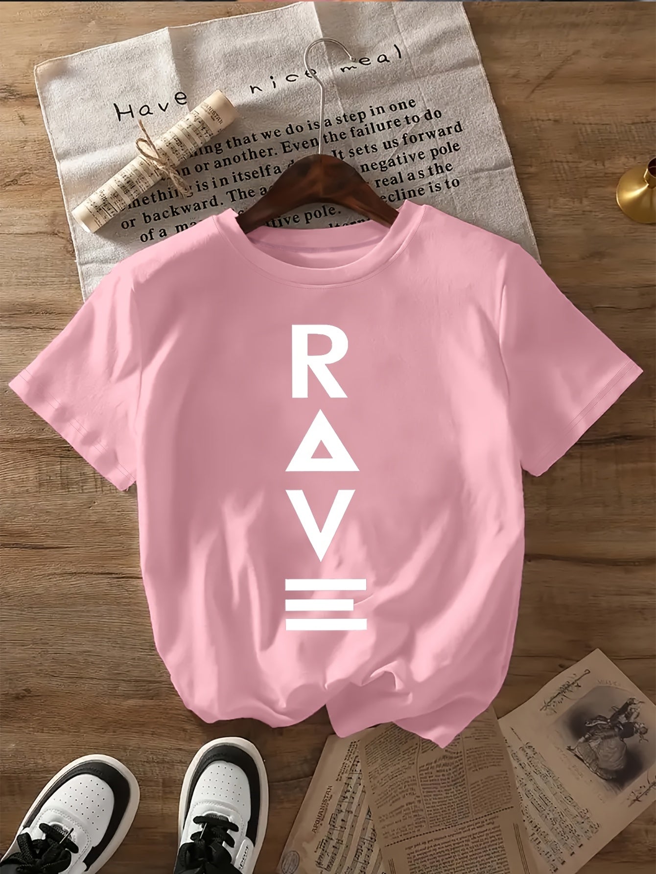 1pc Women's Crewneck T-Shirt - Black with White RAVE Typography Print, Techno Music Inspired Design, Casual Short Sleeve Tee for EDM Festivals & Summer Outings, Machine Washable, Exclusive Deal of the Day Gift Idea, T-shirt S