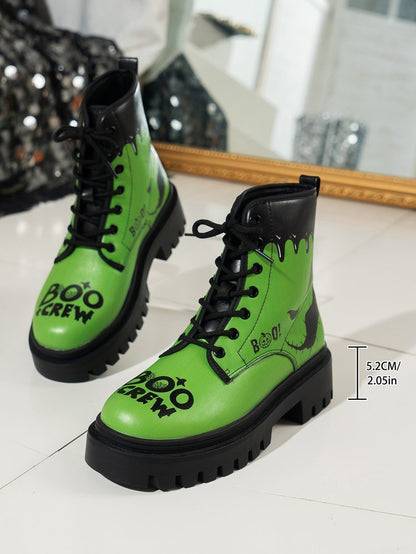 Trendy Plus Size Women's Halloween Print Lace-Up Boots - Thick Low Heel Round Toe PU Cover Short Boots with Rubber Sole, All-Season Comfort for Casual & Festive Occasions