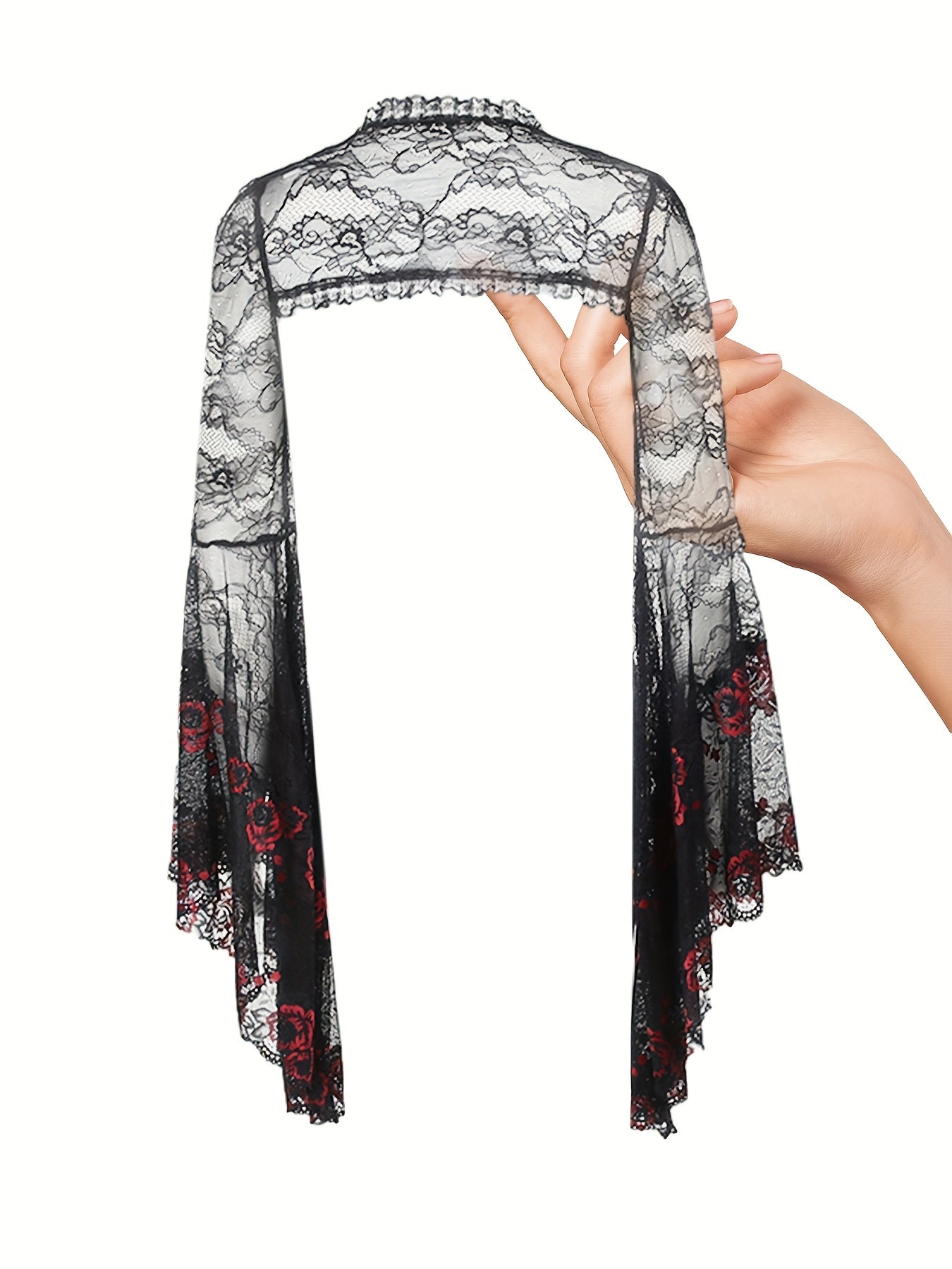 [Gothic Lace Shawl Top] Gothic Lace Shawl Top for Women - Semi-Sheer High Neck Long Sleeve with Red Rose & Black Guipure Lace Trim, Asymmetrical Hem, Loose Fit, Year-Round Versatile Party Wear, Halloween Costume (Hand Washabl