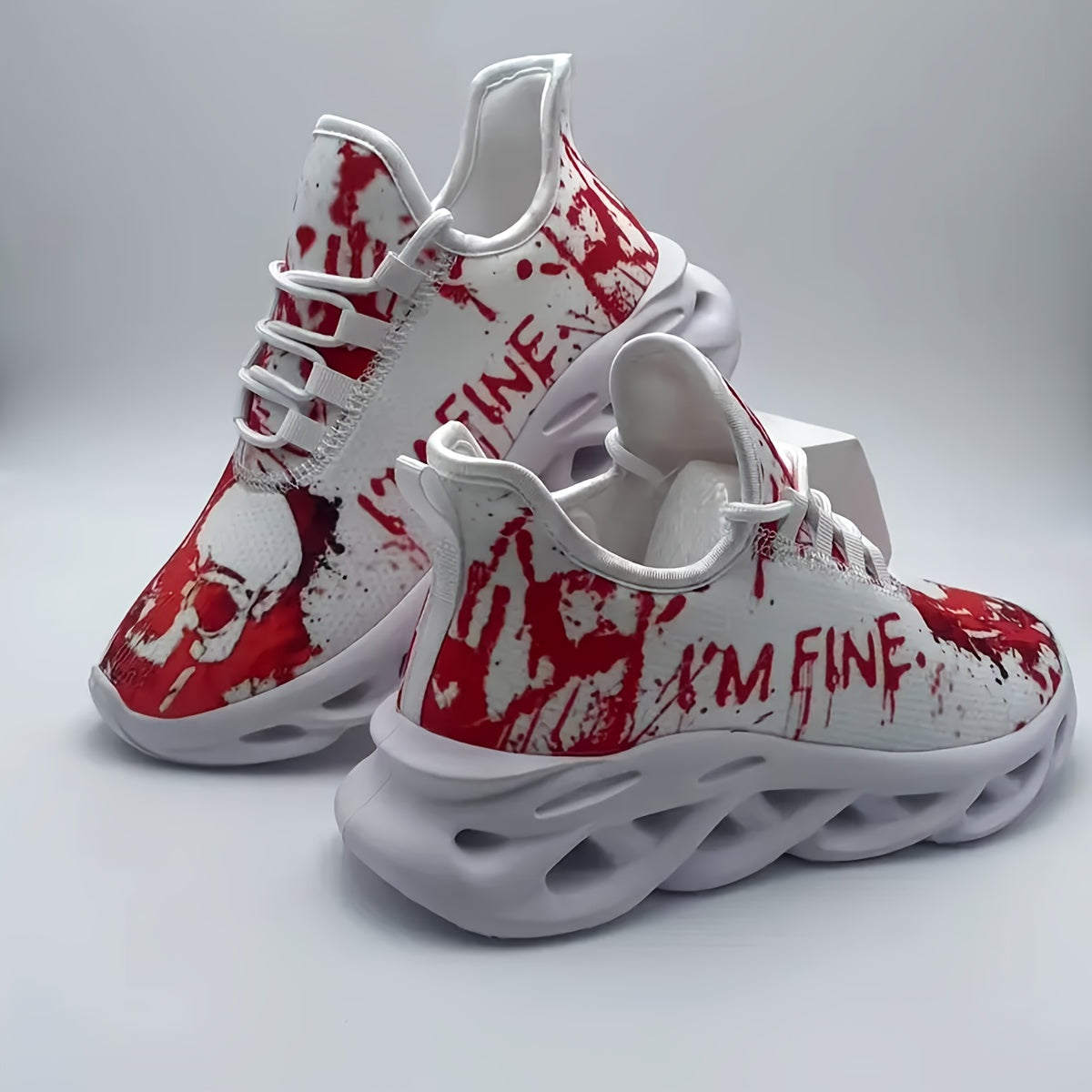 Men'S Halloween Sneakers - Blood Splatter Skull Design, Lightweight MD Sole, Breathable Fabric, Lace-Up Training Shoes for Gym, Streetwear, Parties - Red & White Gothic Style, All-Season Casual Wear, Bold Print, Fashionable T