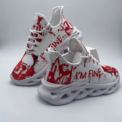 Men'S Halloween Sneakers - Blood Splatter Skull Design, Lightweight MD Sole, Breathable Fabric, Lace-Up Training Shoes for Gym, Streetwear, Parties - Red & White Gothic Style, All-Season Casual Wear, Bold Print, Fashionable T