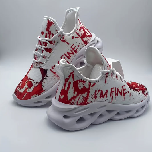 Men'S Halloween Sneakers - Blood Splatter Skull Design, Lightweight MD Sole, Breathable Fabric, Lace-Up Training Shoes for Gym, Streetwear, Parties - Red & White Gothic Style, All-Season Casual Wear, Bold Print, Fashionable T