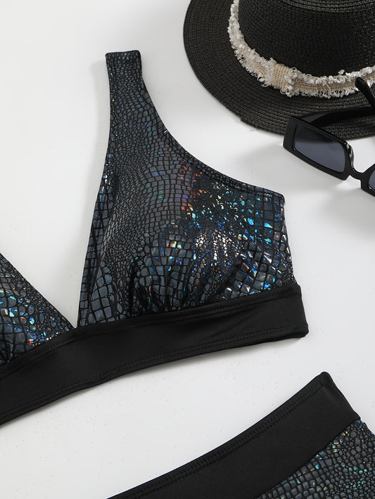 Chic Women'S Snakeskin Print Bikini Set - High Stretch, V-Neck, Stretchy Polyester/Spandex Blend, Machine Washable - Ideal for Music Festivals & Beach Parties, Beach Attire|Vibrant Print Top|Snakeskin Patter
