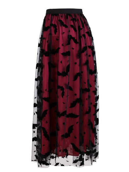 Plus Size - Elegant Plus Size Purple Tulle Skirt with Black Bat Print - Mid-Length, Flowy Design, Perfect for Casual or Formal Occasions, Formal Occasion Skirt | Bat Print Skirt | Polyester Fabric