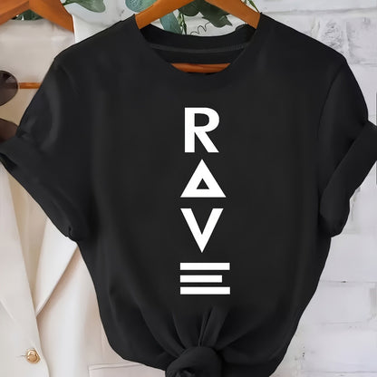 1pc Women's Crewneck T-Shirt - Black with White RAVE Typography Print, Techno Music Inspired Design, Casual Short Sleeve Tee for EDM Festivals & Summer Outings, Machine Washable, Exclusive Deal of the Day Gift Idea, T-shirt S