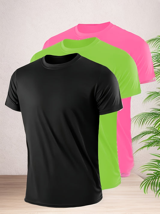 3pcs Men's Quick-Dry Breathable T-Shirts - Moisture-Wicking Lightweight Relaxed Fit Short Sleeve Tees for Gym, Training & Casual Wear - All-Season Comfort in Black, Neon Green, Pink, Solid Color Apparel, Durable Fabric Shirt