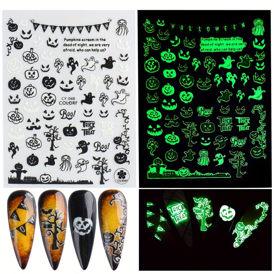6pcs Glow-In-The-Dark Halloween Nail Art Stickers - Self-Adhesive, Reusable Decals With Skulls, Ghosts, Pumpkins & Spiders For Festive Manicure