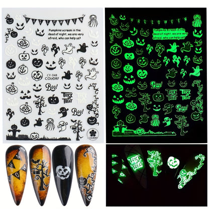 6pcs Glow-In-The-Dark Halloween Nail Art Stickers - Self-Adhesive, Reusable Decals With Skulls, Ghosts, Pumpkins & Spiders For Festive Manicure