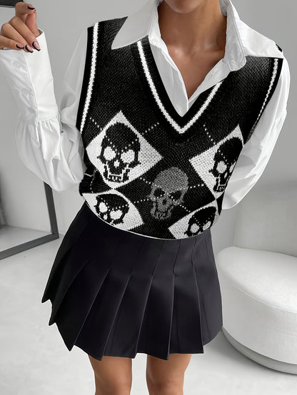 [Elegant Skull Print Vest] Elegant & Versatile Women's V-Neck Skull Print Vest | Black & White Halloween Pattern Sleeveless Top, Medium Stretch for Spring Summer Fall, Layering Piece for Casual & Formal Outfits