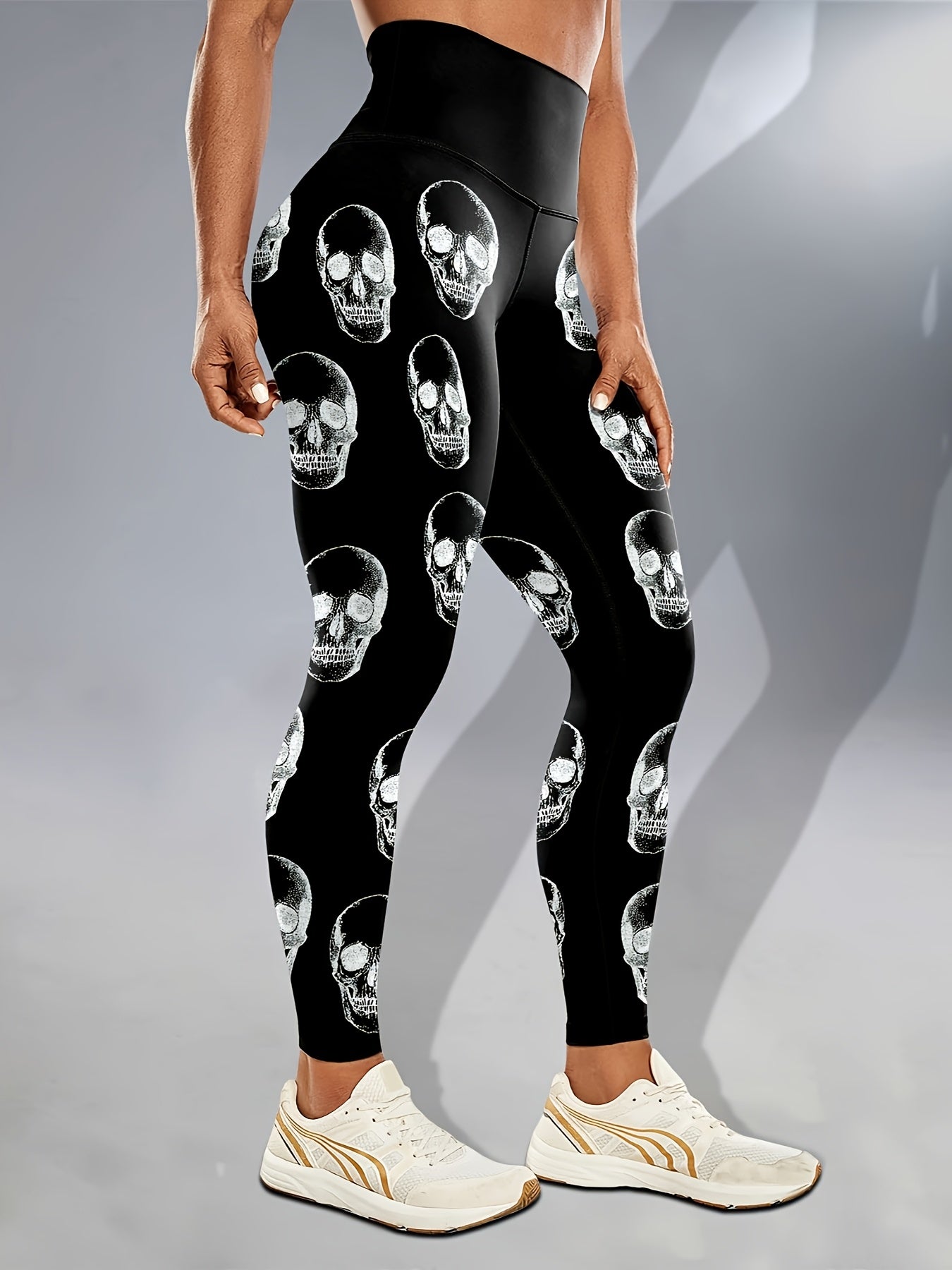 Women'S High-Waisted Stretchy Fitness Leggings with Glow-in-the-Dark Skull Print - Black, Elastic Waistband, Long Length for Running, Yoga & Halloween Party Wear, Yoga Pants, Halloween Leggings, Bold Graphic Pants, Highelasti