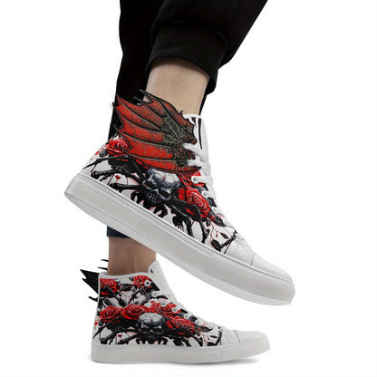 [Gothic Punk Sneakers] Gothic Punk Sneakers for Men - High-Top Shoes with 3D Red Flame Skull & Wing Design | Lace-Up Closure for Halloween, Gothic Parties, Everyday Streetwear | All-Season Comfortable, Casual Sport, Horror Ae