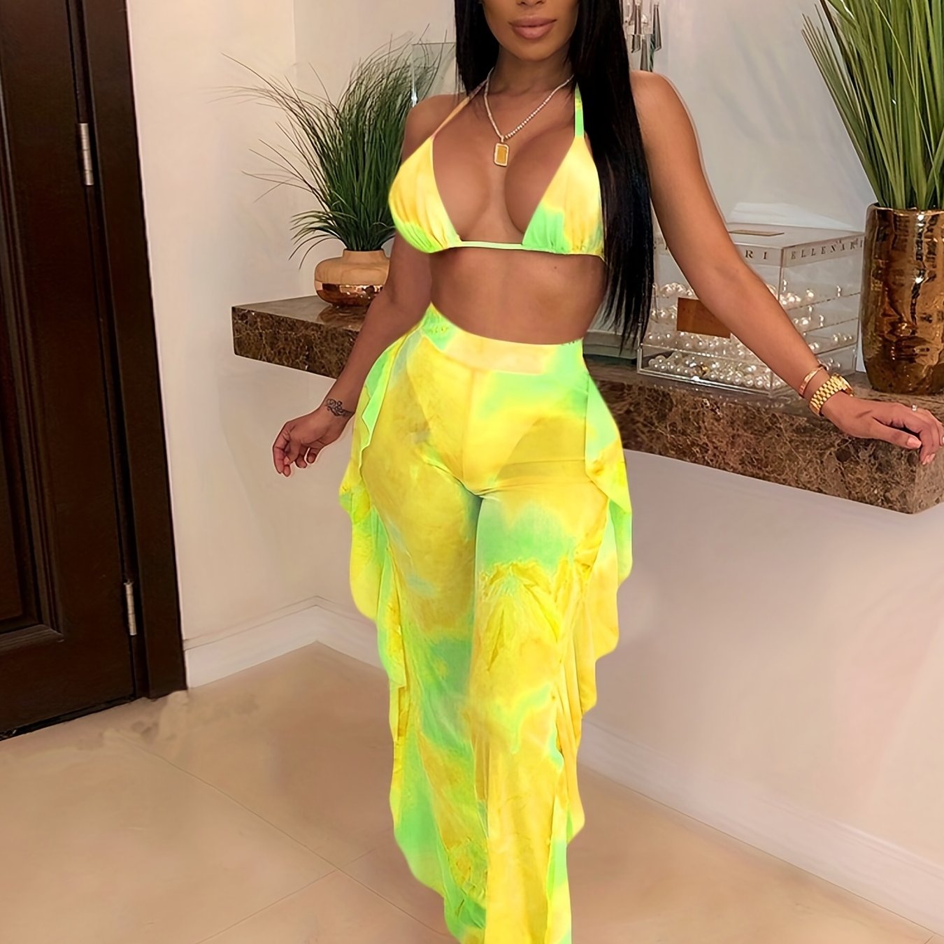 Sexy Tie Dye Matching Two-piece Set, Crop Halter Top & Fringe Hem Pants Outfits, Women's Clothing