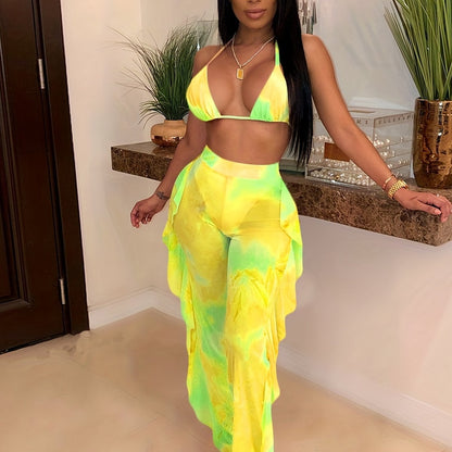 Sexy Tie Dye Matching Two-piece Set, Crop Halter Top & Fringe Hem Pants Outfits, Women's Clothing