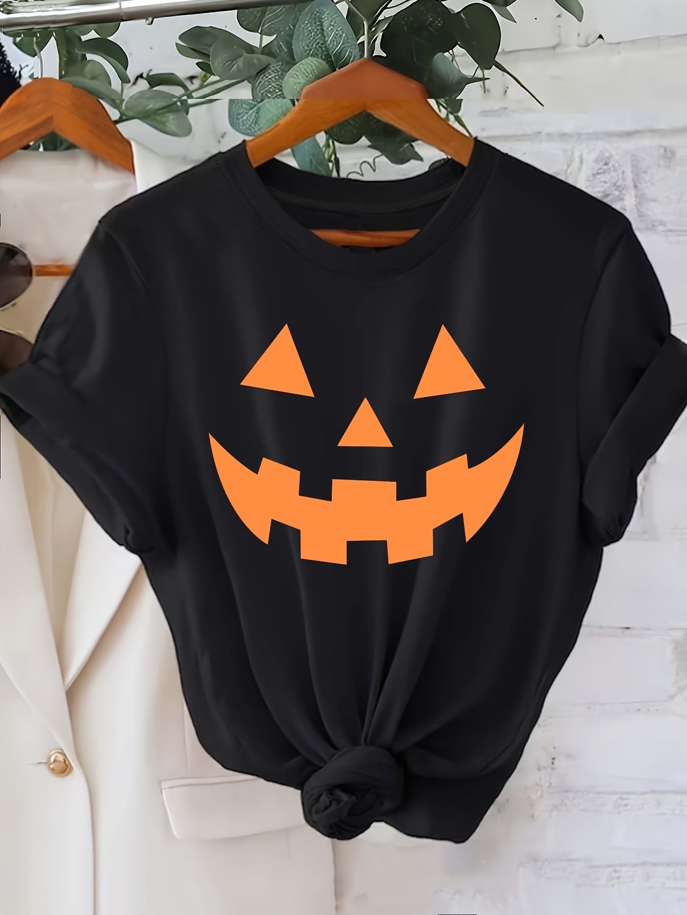 [Halloween Pumpkin T-Shirt] Halloween Pumpkin Graphic T-Shirt for Women | Casual Crew Neck Short Sleeve Top, 95% Polyester 5% Elastane, Knit Fabric, All Seasons, 200gsm - Black