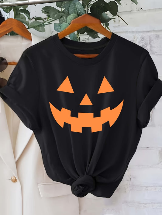 [Halloween Pumpkin T-Shirt] Halloween Pumpkin Graphic T-Shirt for Women | Casual Crew Neck Short Sleeve Top, 95% Polyester 5% Elastane, Knit Fabric, All Seasons, 200gsm - Black