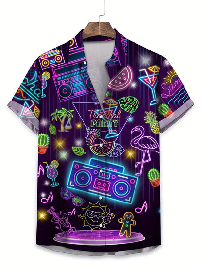 Men'S Casual Tropical Party Neon Graphic T-Shirt - Short Sleeve, Summer Vacation Shirt with Palm Trees, Flamingos, and Music Notes Design, Casual Attire|Tropical Theme|Polyester Fabric
