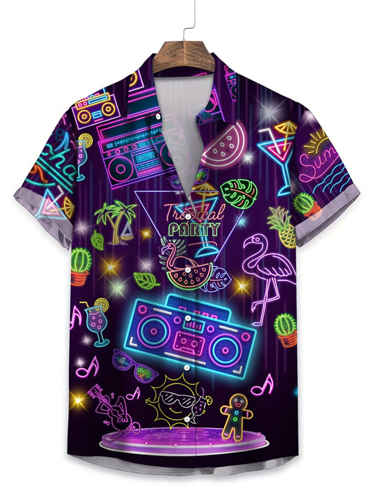 Men'S Casual Tropical Party Neon Graphic T-Shirt - Short Sleeve, Summer Vacation Shirt with Palm Trees, Flamingos, and Music Notes Design, Casual Attire|Tropical Theme|Polyester Fabric