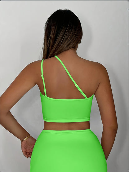 Women'S Sexy Neon Green One-Shoulder Cut-Out Crop Top - Stretchy Workout & Casual Wear, Perfect for Fitness, Parties, and Casual Attire, Fitness Apparel | Neon Green Top | Cutout Design, Gym Clothes