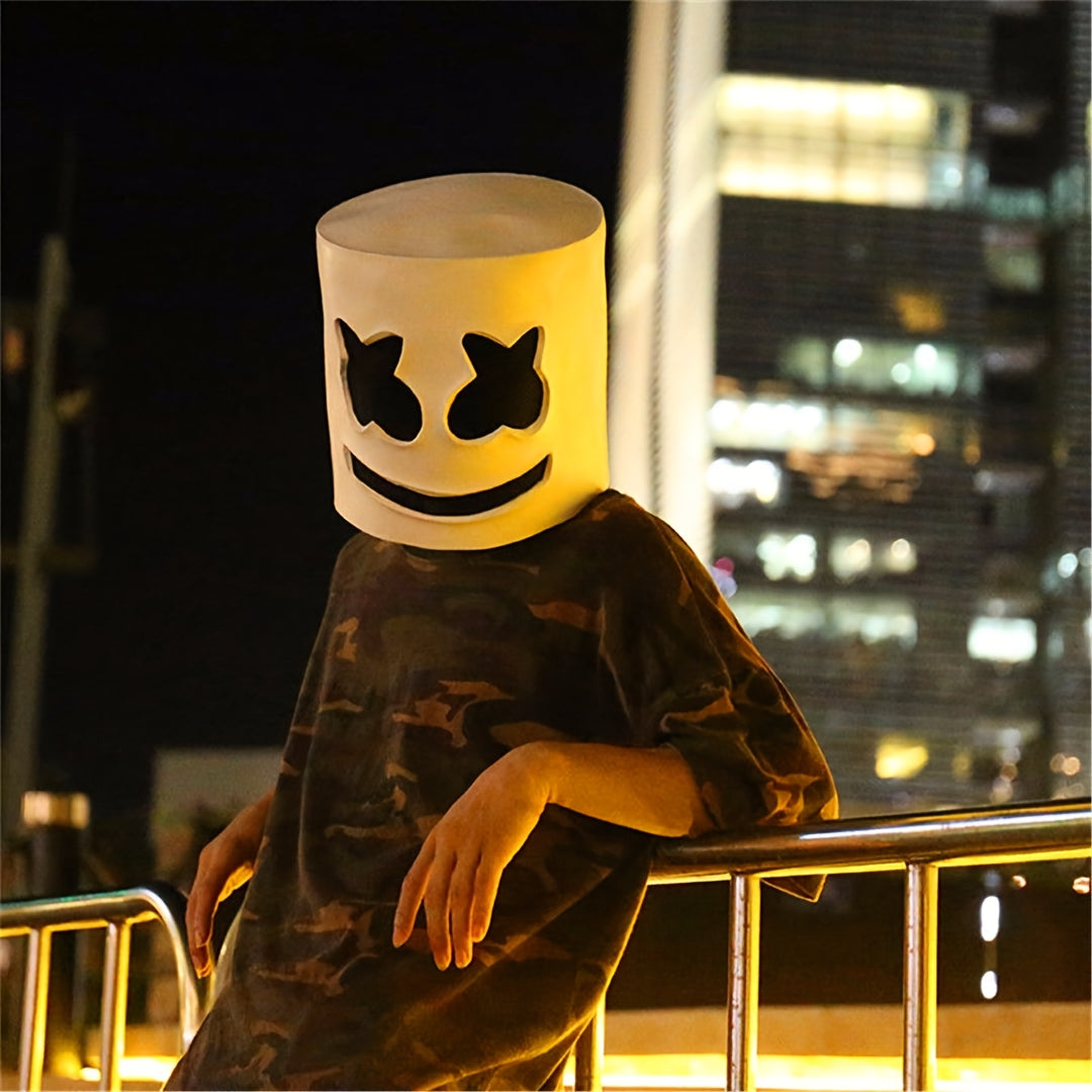 [DJ Marshmello Latex Mask] 1pc Life-Size DJ Marshmello Latex Costume Mask - Halloween Party, Cosplay, EDM Events - Assembly Required (Mask Color Random - Guaranteed Design) - Fits Head Circumference up to 27.1" - Official Loo