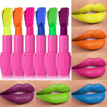 Neon Glow Halloween Lipstick Set – Vibrant Long-Lasting Party Makeup with Pink, Blue, Yellow, Green, Orange & Purple Colors in a Tub – Bold, Smudge-Proof & Perfect for Raves, Music Festivals & Holiday Looks (B0771-2