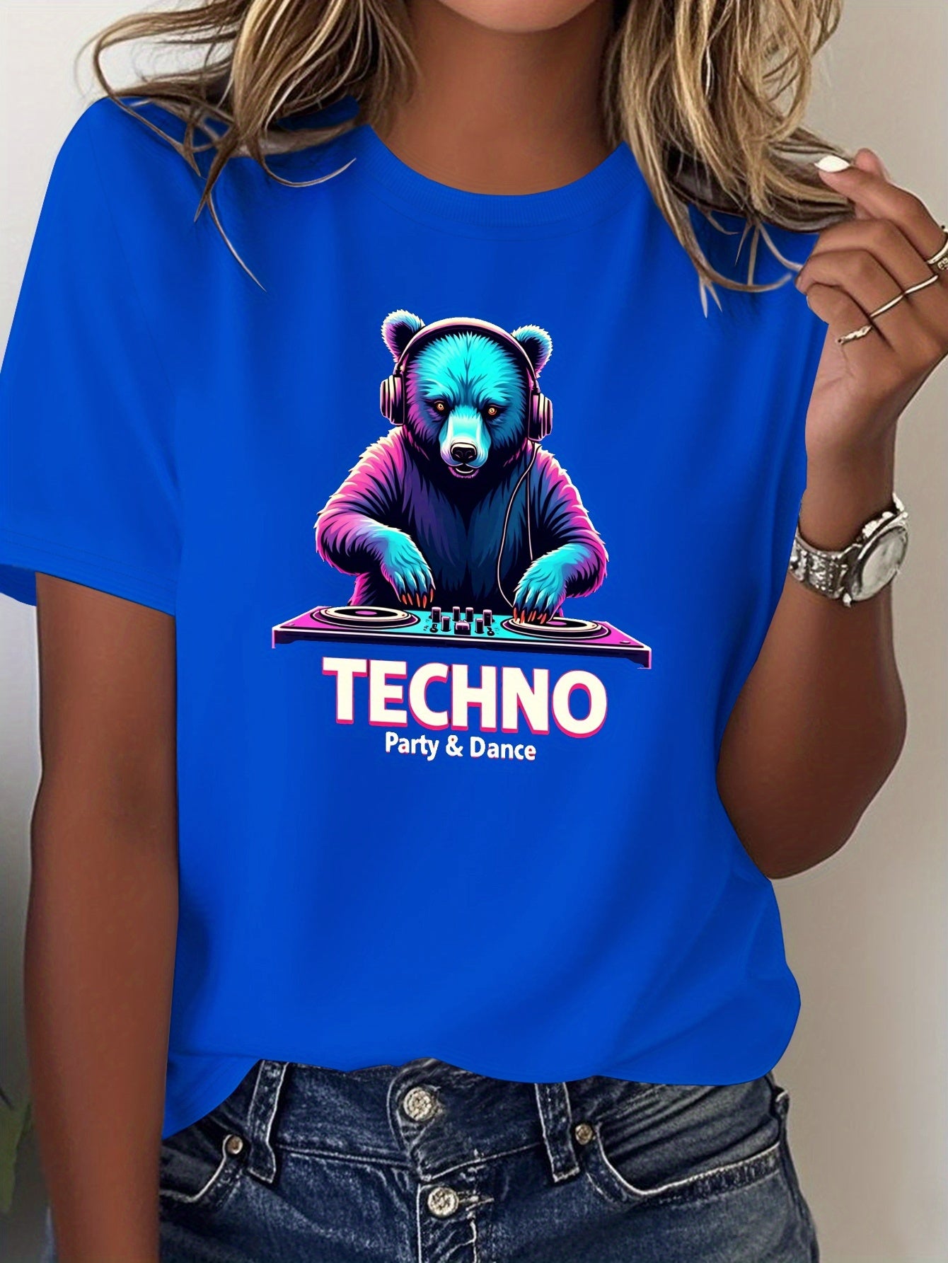 Women's Techno Party Bear DJ Graphic T-Shirt - Dark Grey with Neon Accents - Soft Everyday Tee for Clubbing, Raves & Casual Outfits - Machine Washable Party Shirt, Disco Party Outfit, Rave Clothing, Vibrant Print, Comfortable