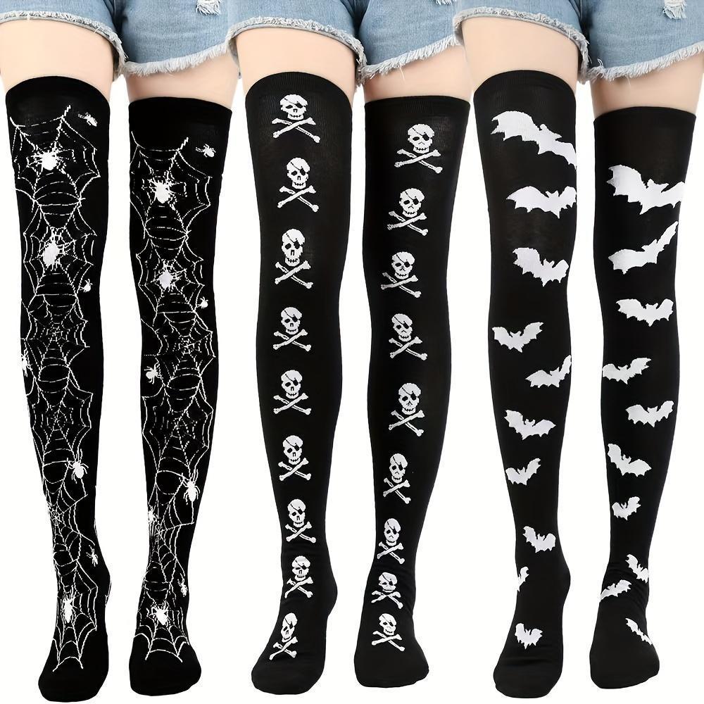 [Funny Halloween Socks] 3 Pairs Halloween Skull & Bat Print Women's Over-the-Knee Socks | Soft, Comfortable, Tight, High-Stretch for Parties & Daily Wear