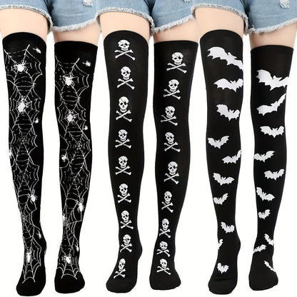 [Funny Halloween Socks] 3 Pairs Halloween Skull & Bat Print Women's Over-the-Knee Socks | Soft, Comfortable, Tight, High-Stretch for Parties & Daily Wear