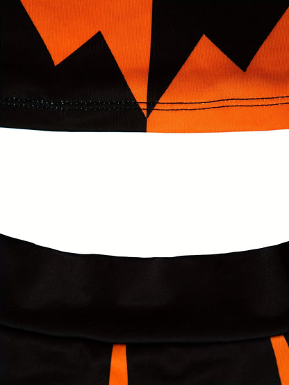 Pair of Funny Pumpkin Face Costume Women'S Sexy Lingerie Contrast Color Round Neck Short Sleeve Top Dress Set