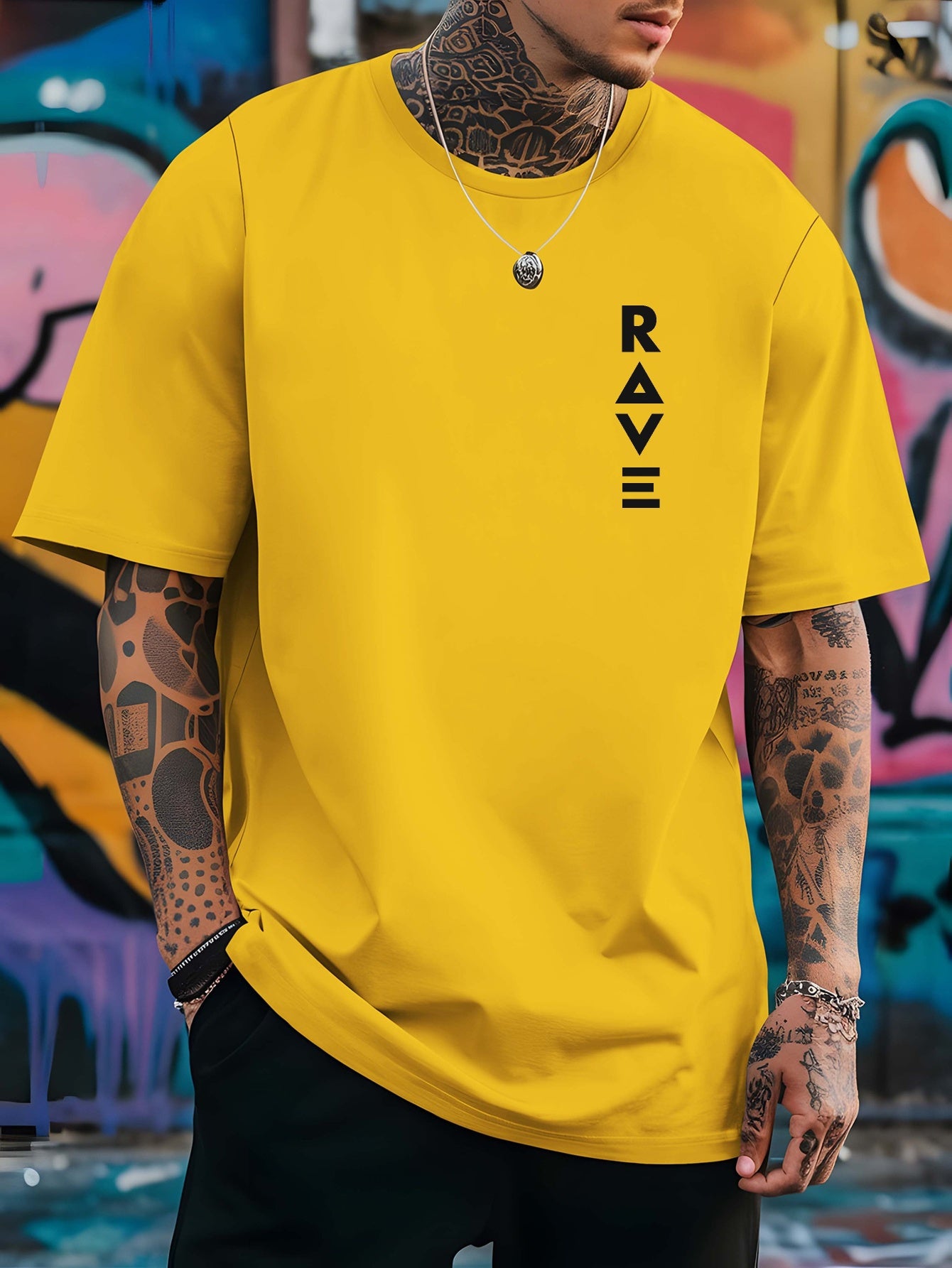 R V Men's Short Sleeve T-Shirt - Vibrant Yellow with Bold RAVE Graphic Print, Breathable Round Neck Casual Top for Summer Beach Resorts & Outdoor Activities